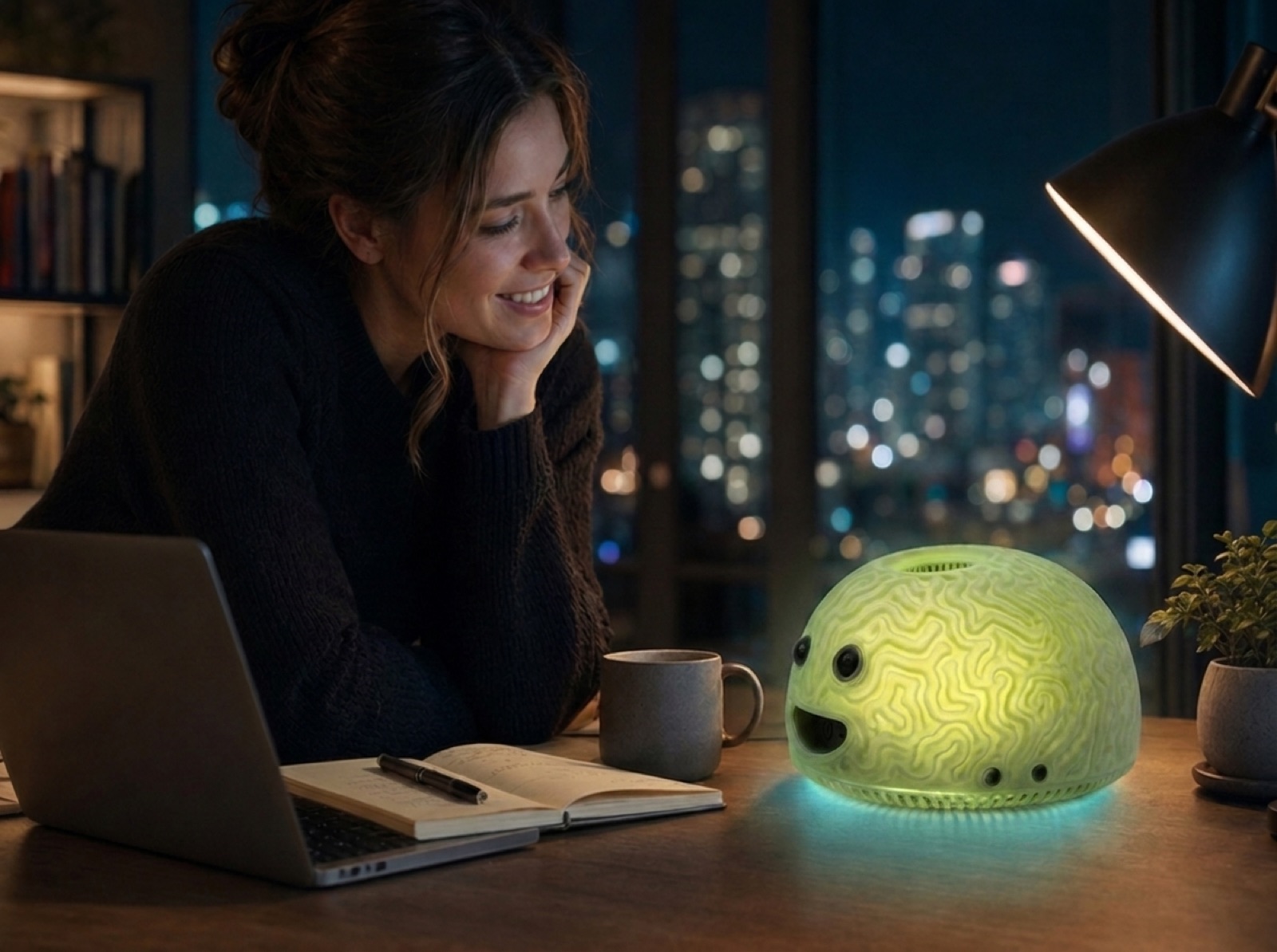 A personal Brain device glowing on a desk